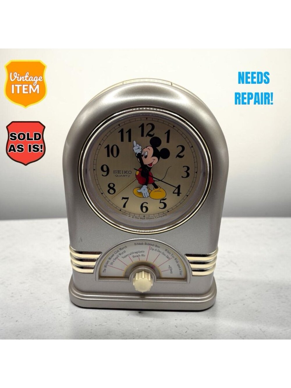Vtg Disney Seiko Musical Mickey Mouse Alarm Clock. Plays Music! Clock Needs Fix!